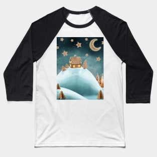 Gingerbread house, trees, on snow hills landscape, moon and stars watercolor illustration. Fantasy sweets world snow landscape. Moonlight magic candy world scenery. Baseball T-Shirt